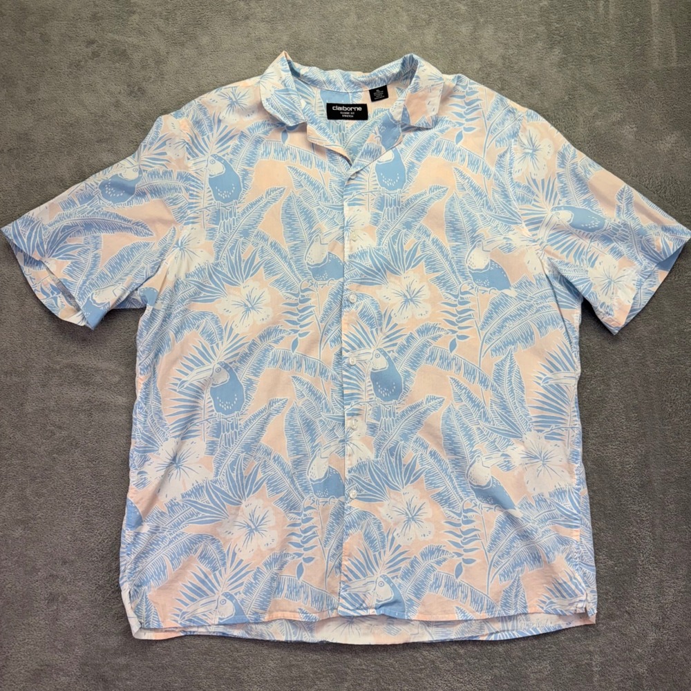 Claiborne Men's Classic Fit Stretch Hawaiian Shirt Tropical Toucan Leaf Print XL